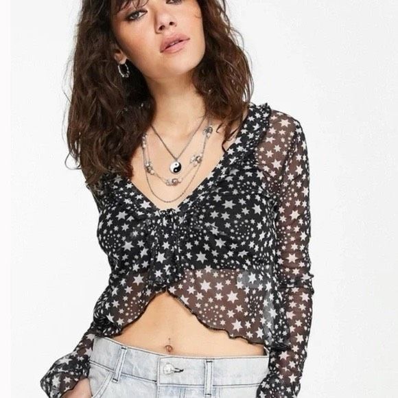 Free People Star Print Tie Front Sheer Long Sleeve Marne Top Black White Size XS - Picture 2 of 16